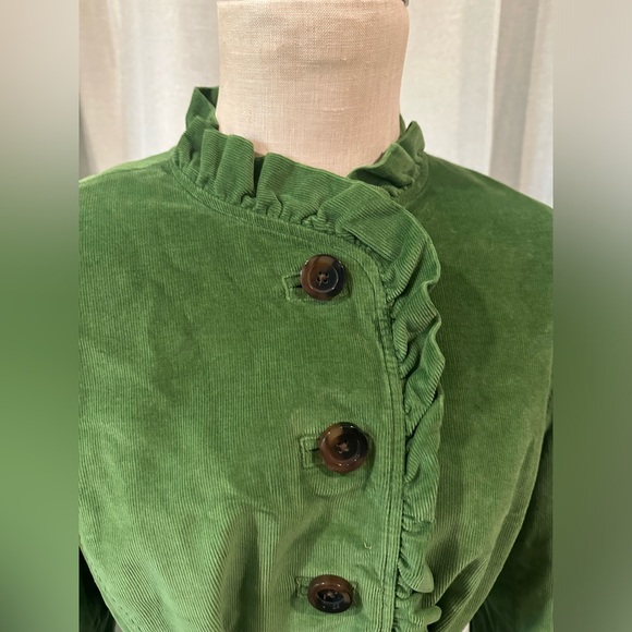 LL Bean Ruffled Corduroy Jacket Womens Size 12 Green Grass Belted Button Up - Picture 2 of 11